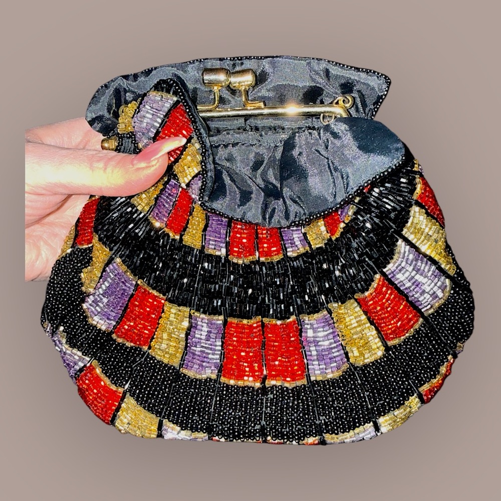 Vintage Beaded Art Deco Evening Bag Kiss Lock Multi Color Gold Chain OS‎